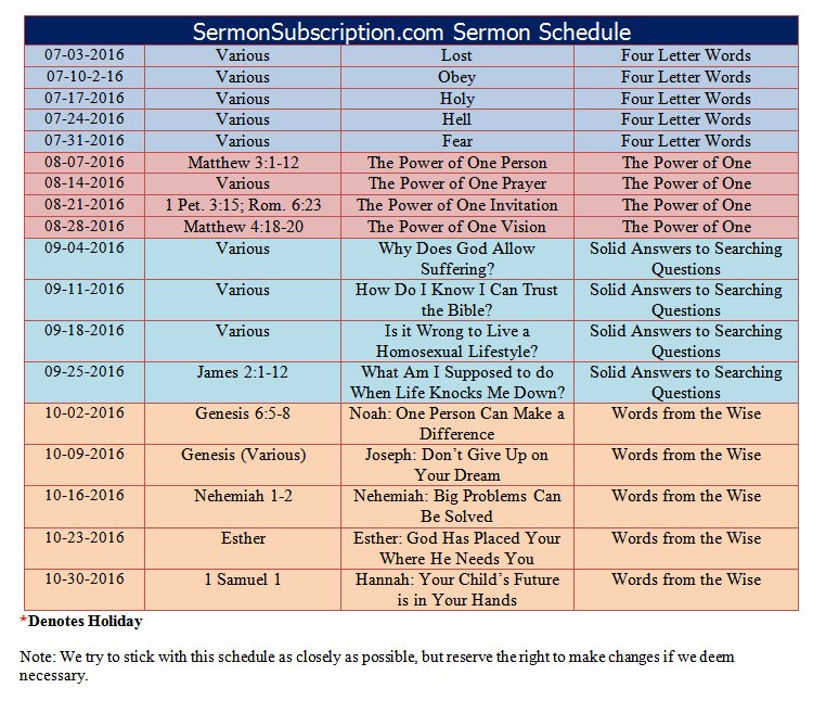 Schedule | SermonSubscription.com